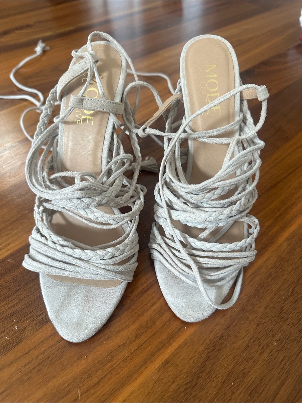Molli Braided Lace-Up Suede Heeled Sandals in Light Gray